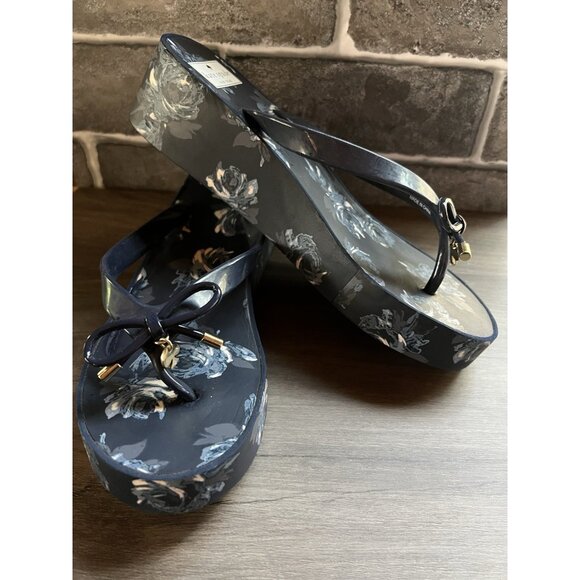 Kate Spade Blue Floral Wedge Sandals Size 9 Thong Summer Beach Party - Picture 13 of 16
